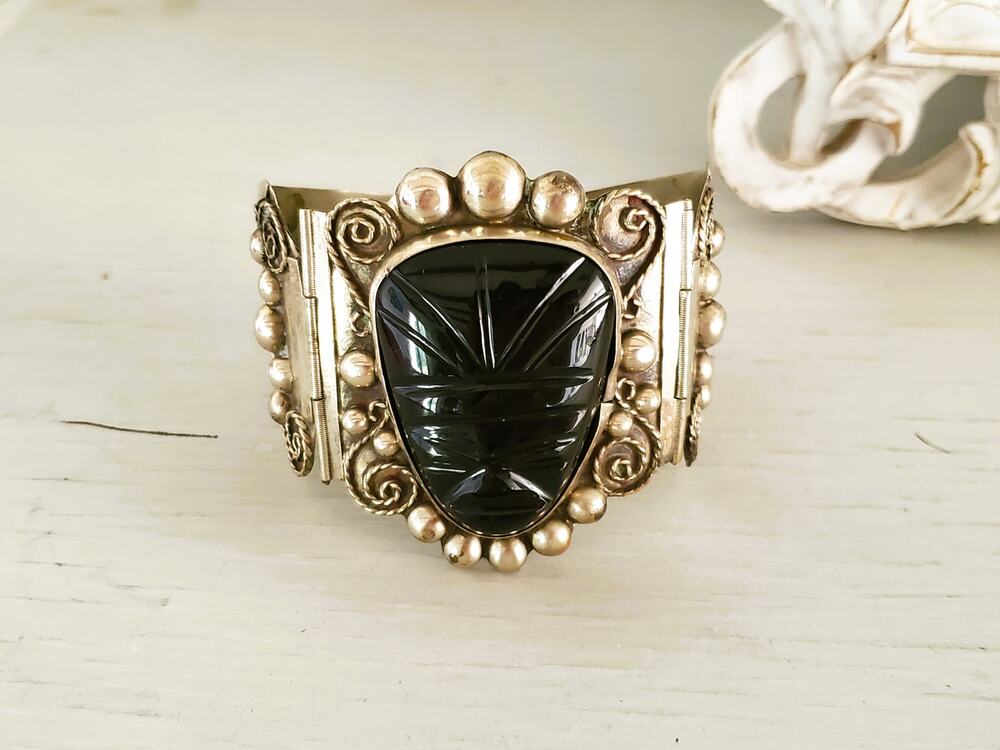 Vintage Large Silver Panel Onyx Mexico Panel Bracelet